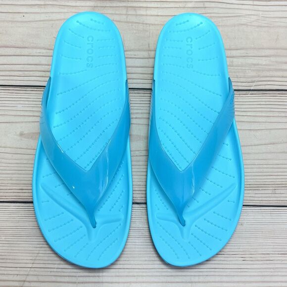 Crocs Sandals Womens 9 Blue Splash Glossy Flip Flop Neptune Thong Beach Pool EUC - Picture 5 of 14